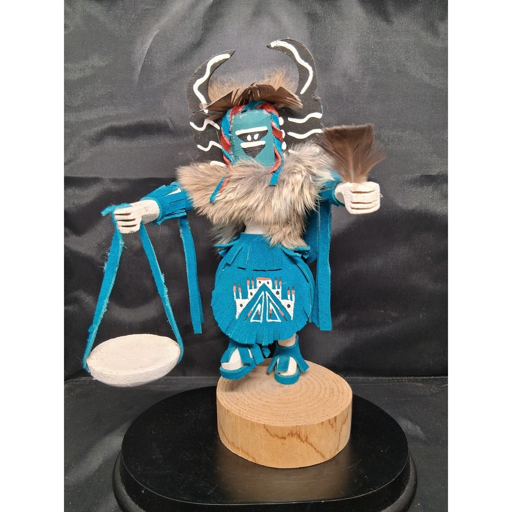 Navajo Crow Mother Kachina Doll Signed Nadine D Handcrafted Teal Suede Fur 10.5"